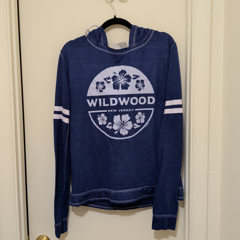 Sunrise Surf Co Wildwood NJ Hoodie Blue Lightweight Graphic Sweatshirt Size M
